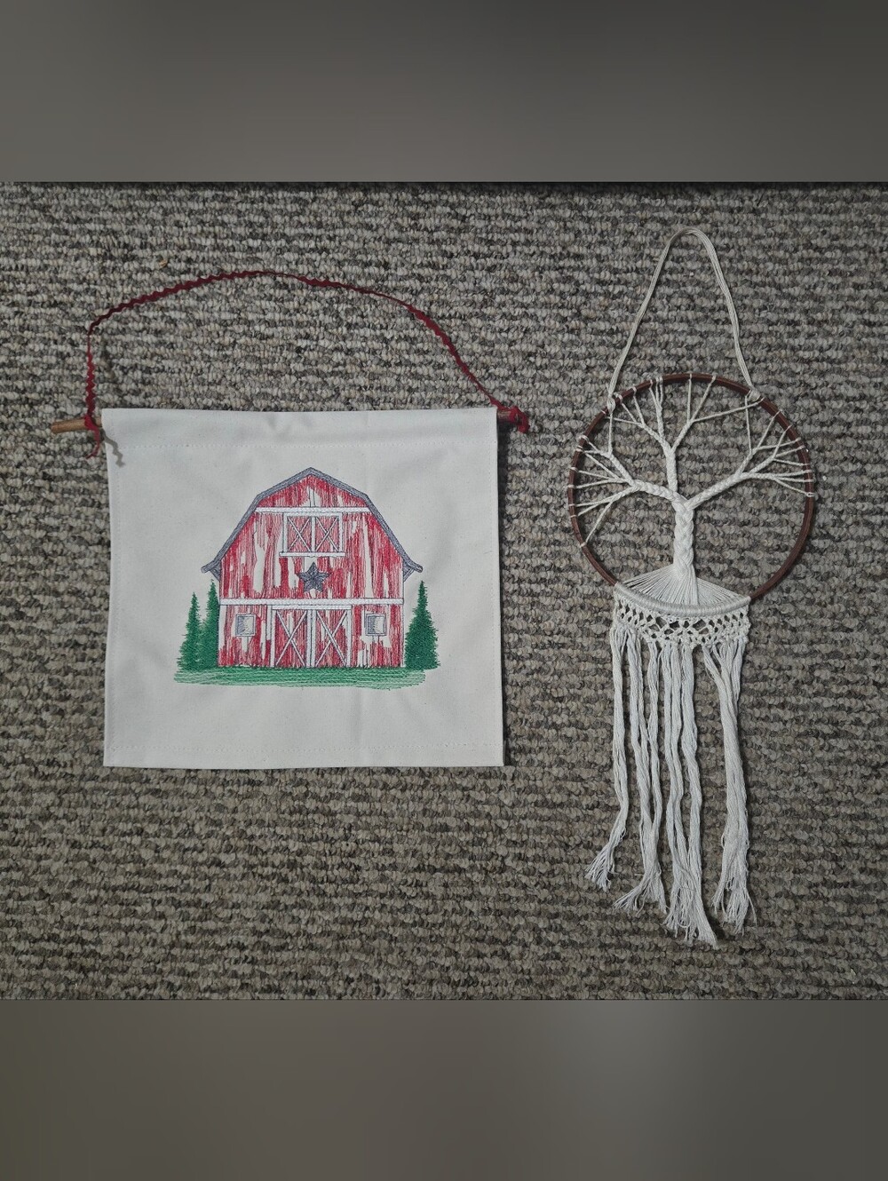 Hand-Embroidered Red Barn Wall Hanging & Macrame Dreamcatcher